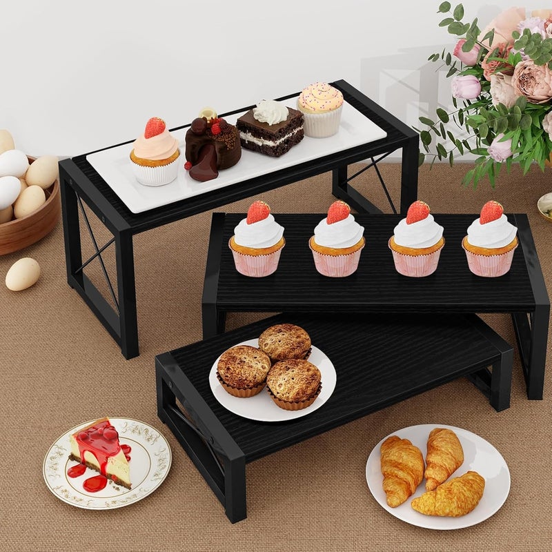 ELITEROO Black 3-Tier Wooden Cupcake and Dessert Display Stand, Multi-Tier Riser for Cupcakes, Food, Perfume, Makeup, Dolls, Collectibles, and Market Vendor Retail Shelf Organizer - Image 2